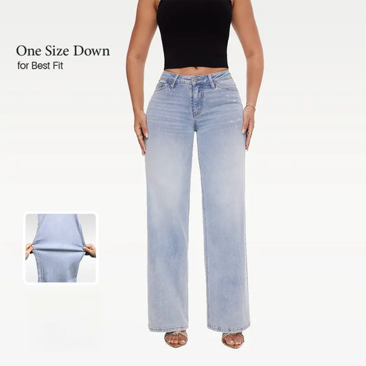 ONESO Mid‑Low Rise Baggy Jeans Stretchy Wide Leg for Women Distressed Denim Pants