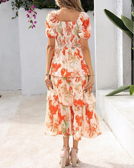 BTFBM Womens Square Neck Smocked Dress Summer Puff Short Sleeve Floral Casual Ruffle Tiered Maxi Wedding Guest Dresses