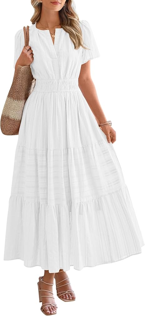BTFBM Womens Summer 2025 Casual Midi Maxi Dresses Lightweight Short Sleeve V Neck Elastic Waist Boho Beach Dress Pockets
