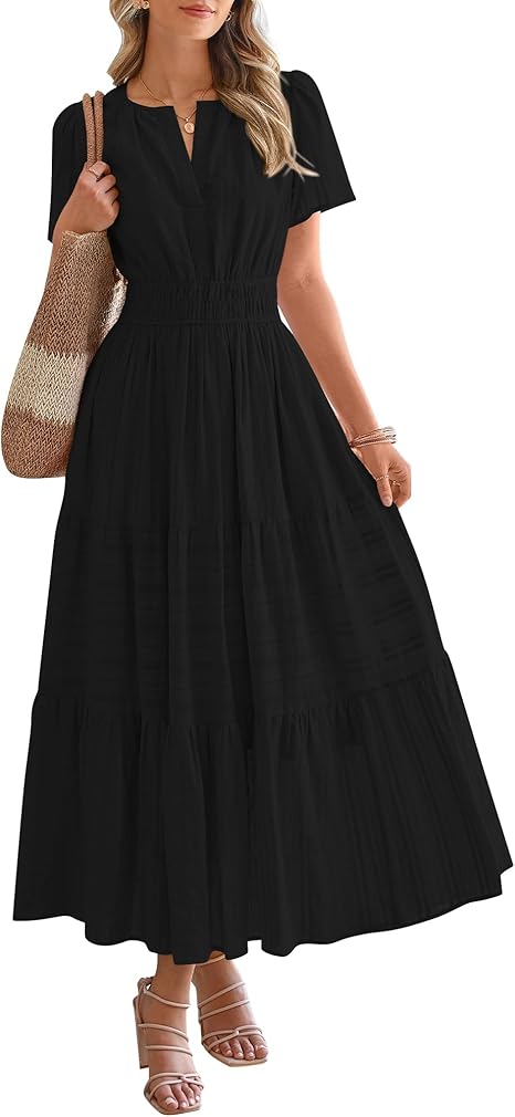 BTFBM Womens Summer 2025 Casual Midi Maxi Dresses Lightweight Short Sleeve V Neck Elastic Waist Boho Beach Dress Pockets