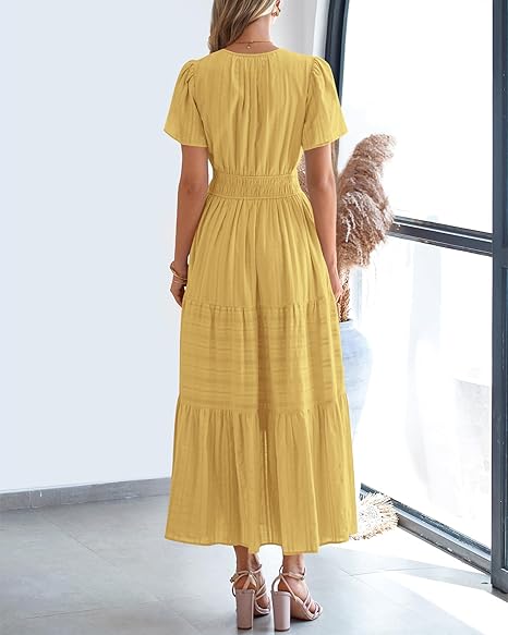 BTFBM Womens Summer 2025 Casual Midi Maxi Dresses Lightweight Short Sleeve V Neck Elastic Waist Boho Beach Dress Pockets