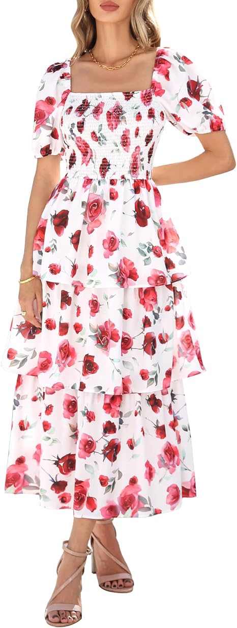BTFBM Womens Square Neck Smocked Dress Summer Puff Short Sleeve Floral Casual Ruffle Tiered Maxi Wedding Guest Dresses