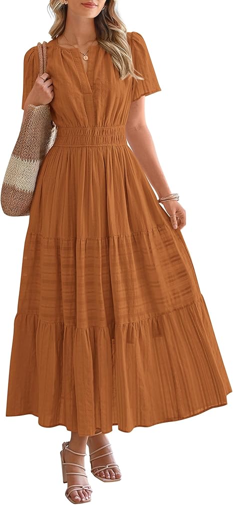 BTFBM Womens Summer 2025 Casual Midi Maxi Dresses Lightweight Short Sleeve V Neck Elastic Waist Boho Beach Dress Pockets