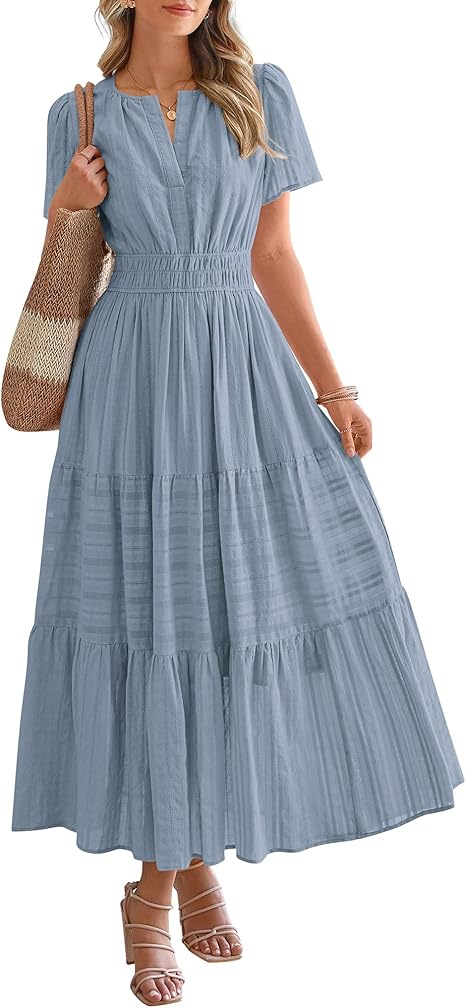 BTFBM Womens Summer 2025 Casual Midi Maxi Dresses Lightweight Short Sleeve V Neck Elastic Waist Boho Beach Dress Pockets