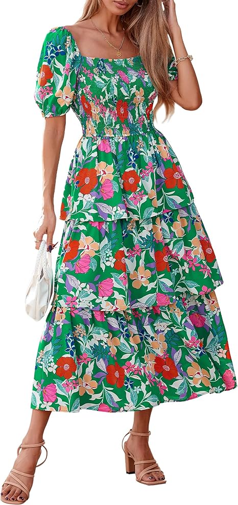 BTFBM Womens Square Neck Smocked Dress Summer Puff Short Sleeve Floral Casual Ruffle Tiered Maxi Wedding Guest Dresses
